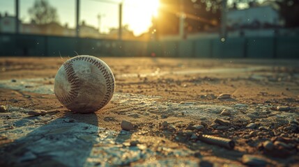 Baseball on dusty field at sunset.