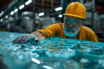 A focused worker in a yellow hardhat inspects a large array of metallic gears, highlighting precision manufacturing and quality control in an industrial environment