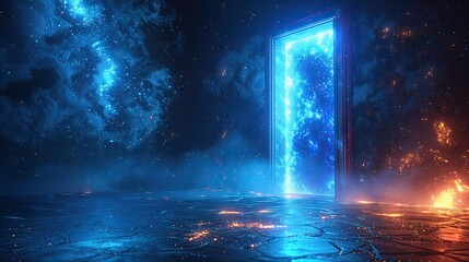 digital door opener with bright neon lights sparkling inside the concept of new opportunities. - obrazy, fototapety, plakaty