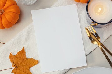 Fall card mock-up, autumn still life with blank paper, place for text