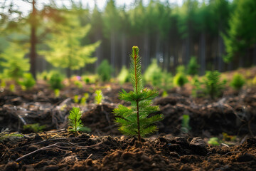 Planting new trees in an open area, coniferous saplings in fresh new soil in a forest.