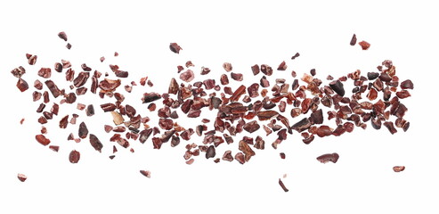Cacao nibs, crushed and peeled cocoa, isolated on white, top view	