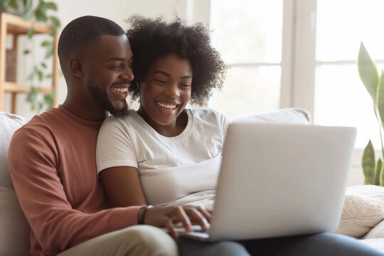 laughing couple on her couch looking at her laptop in living bright environment at home