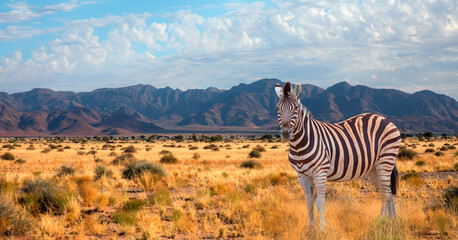 Zebra standing in yellow grass on Safari watching, Africa savannah - Etosha National Park, Namibia - obrazy, fototapety, plakaty