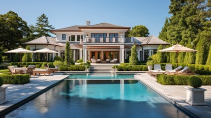Fototapeta premium Mediterranean inspired villa with a sprawling garden and a private beach access in the exclusive Hamptons, New York