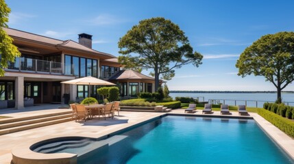 Fototapeta premium Mediterranean inspired villa with a sprawling garden and a private beach access in the exclusive Hamptons, New York