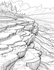 Natural travertine terraces formed by mineral-rich thermal waters cascading down the mountainside for coloring book with crisp black line and white background, illustration made with Generative Ai