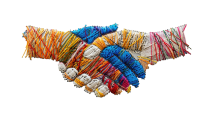 Close up shaking hand on transparent background. 
 Unity and teamwork concept. Handshake in cross-stitch style
