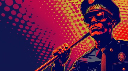 Vector illustration of police officer with baton stick in hand. Comic book.