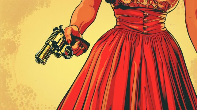 Vintage comic book style of an elegant long skirt female holding a revolver pistol