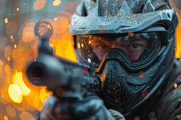 Intense scene showing a combatant in a heavy suit aiming with a rifle, highlighted by a blurred orange backdrop - obrazy, fototapety, plakaty