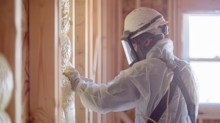 Construction worker in protective gear applying spray foam insulation between wall studs