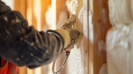 Construction worker applying spray foam insulation between wall studs - obrazy, fototapety, plakaty