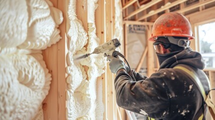 Construction worker uses insulation gun to spray foam between wall studs - obrazy, fototapety, plakaty