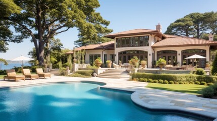 Fototapeta premium Mediterranean inspired villa with a sprawling garden and a private beach access in the exclusive Hamptons, New York