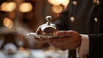 Waiter hands lifting a silver lid to reveal a gourmet dish - obrazy, fototapety, plakaty