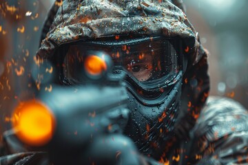 Cinematic portrait of an unmasked soldier with an intense gaze, set against a backdrop of falling rain and glowing embers