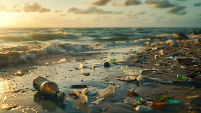 Marine pollution, Plastic waste in our oceans, Dirty beach with plastic trash and other waste, Pollution on beaches and seas/oceans, Climate change, future of the oceans  AI Generated 