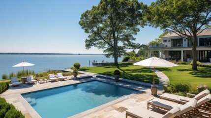 Fototapeta premium Mediterranean inspired villa with a sprawling garden and a private beach access in the exclusive Hamptons, New York