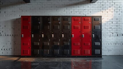 Red lockers align, the quiet corridor