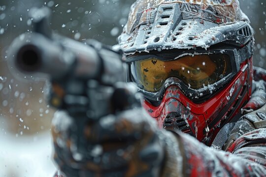 A detailed image showcasing a soldier in high-tech armor aiming a weapon, with a focus on the gear and snowy background