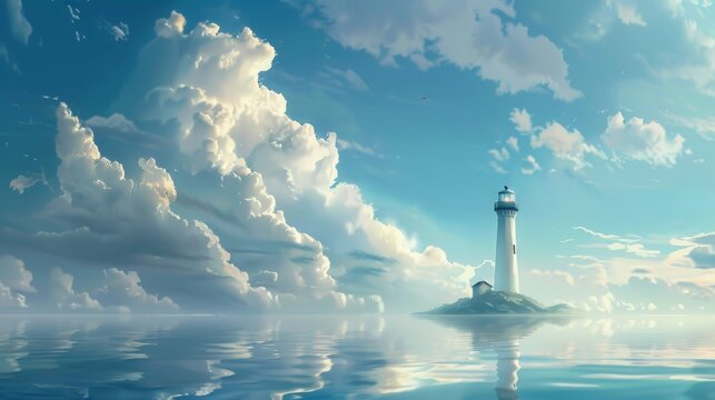 Lighthouse overlooking the sea, gentle waves splashing on the shore, and seagulls flying overhead