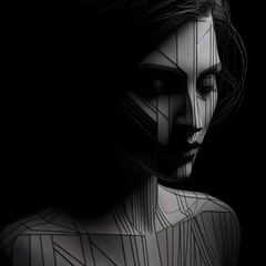 ai generated hyper realistic beautiful woman in a dark, moody atmosphere in the style of a SCI-FI thriller movie poster with abstract lines and geometric shapes