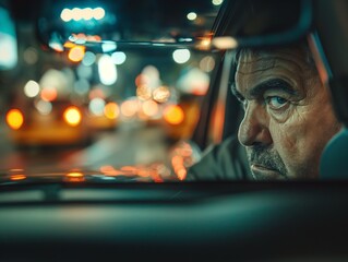 An anngry taxi driver looking at the passager while driving through downtown traffic at night