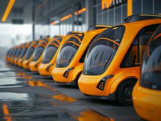 Futuristic taxis waiting in line at a designated taxi stand in the downtown area