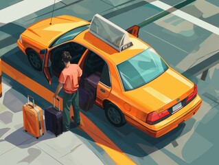 Illustration of a taxi driver helping a passenger load luggage into the trunk at an airport