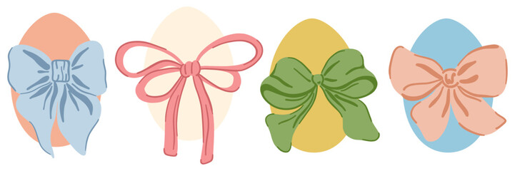 Set of Easter Eggs with Coquette Bow Ribbon. Elegant Easter Egg Collection. Cute Aesthetic Colorful Holiday Vector Illustration. Hand Drawn Childish Kids Cartoon Style. Isolated on White Background.