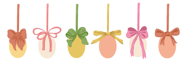 Easter Eggs with Coquette Bow Ribbon. Hanging Easter Egg Garland or Border. Set Aesthetic Colorful Holiday Vector Illustration. Hand Drawn Childish Kids Cartoon Style. Isolated on White Background.