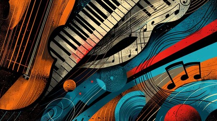 A captivating abstract art piece featuring stylized musical instruments and notation, creating a symphony of visual rhythm and harmony. - obrazy, fototapety, plakaty