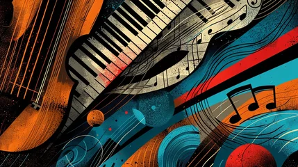 Fotobehang A captivating abstract art piece featuring stylized musical instruments and notation, creating a symphony of visual rhythm and harmony. © soysuwan123