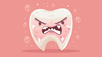 Cute cartoon character of tooth surrounded by bacteria and virus.