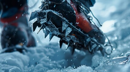 Crampons and ice axes, sharp spikes and rugged construction needed to navigate icy terrain at high altitudes - obrazy, fototapety, plakaty