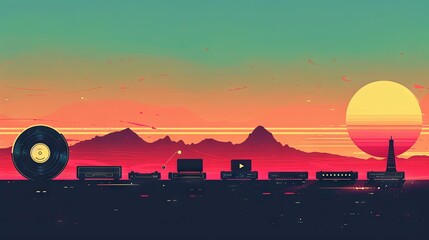 An artistic representation of a sunset over a stylized mountain cityscape with a vinyl record as the setting sun, in warm retro colors. - obrazy, fototapety, plakaty