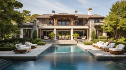 Mediterranean inspired villa with a sprawling garden and a private beach access in the exclusive Hamptons, New York - obrazy, fototapety, plakaty
