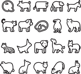Animals side view thin line icons outline black and white 