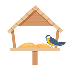 wooden pole-mounted bird feeder icon and tit- vector illustration