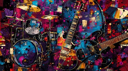 An eclectic collage featuring a variety of music instruments in a vibrant, abstract style, evoking the spirit of music.