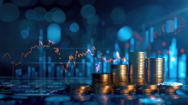 Stack of coins and a graph chart illustrating upward growth. Background with dynamic visual representation of financial and market success, investment, money profit concept and trading