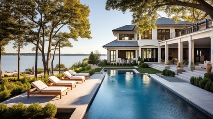 Fototapeta premium Mediterranean inspired villa with a sprawling garden and a private beach access in the exclusive Hamptons, New York