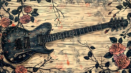 A detailed artwork featuring a black electric guitar entwined with intricate floral vines against a rustic wooden backdrop.