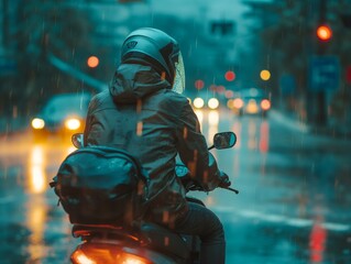 A rider enjoying the convenience of a ride-sharing service on a rainy day