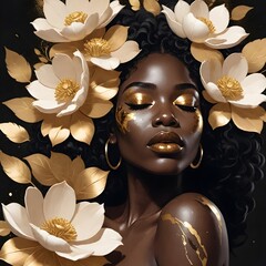woman with flower , Black woman  with dark skin  and curly black hair , surrounded by white and gold flowers, with gold accents on her face and shoulder, against a dark background