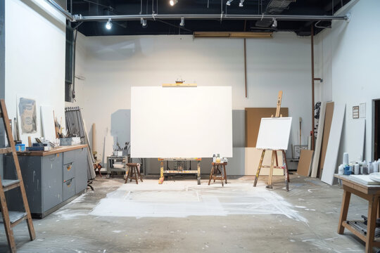 Spacious art studio with large blank canvas and equipment