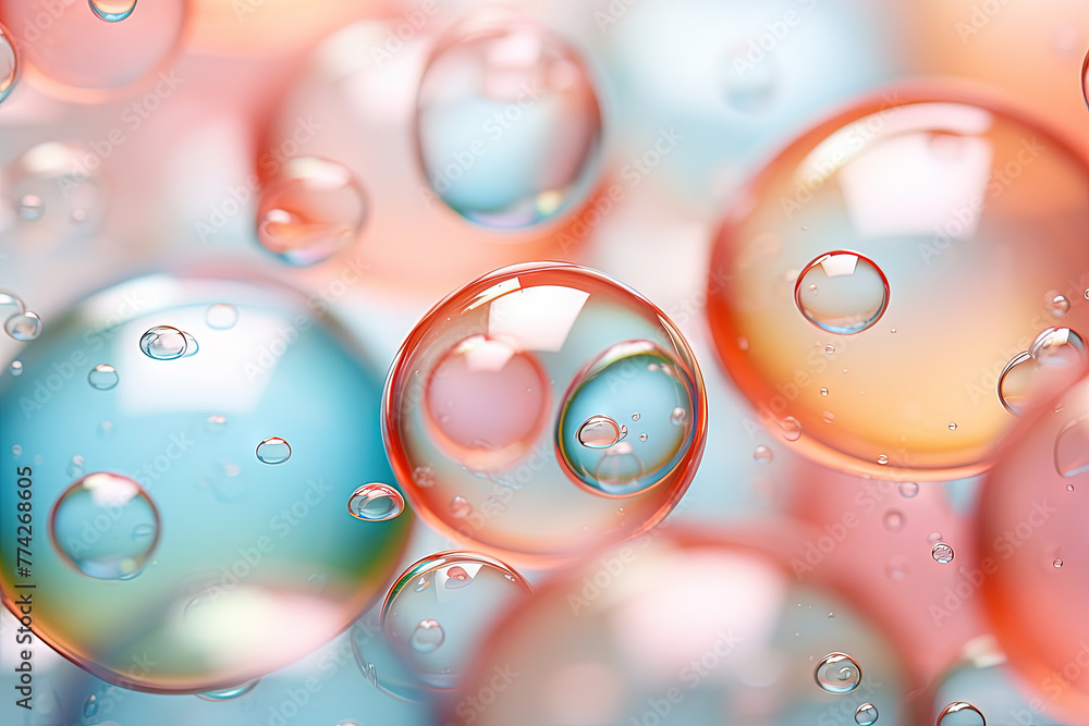 Poster pink holographic bubbles floating on the soft colorful abstract background in beautiful vivid tones.