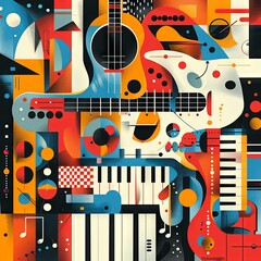 Obraz premium abstract, music, pattern, colorful, design, instruments, sound waves, playful, vibrant, guitar, piano, art, illustration, creativity, musical, background, graphic, shapes, melody, harmony, modern, cul
