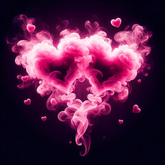 Two pink magic hearts from smoke intertwined on a black background. The concept of love, Valentine's Day, self -sacrifice - obrazy, fototapety, plakaty